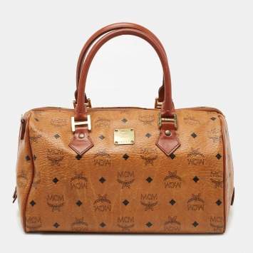 Pre Owned MCM Cognac Visetos Coated Canvas Heritage Boston Bag