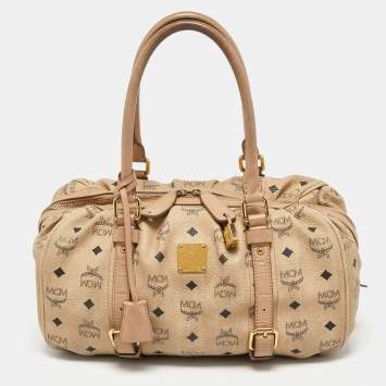 Pre Owned MCM Cognac Visetos Coated Canvas and Leather Boston Bag
