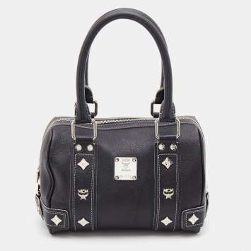 Pre Owned MCM Black Leather Logo Motifs Studded Satchel