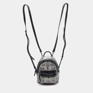 Pre Owned MCM Metallic Grey Coated Canvas Mini Visetos Stark Studded Backpack