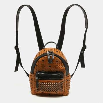 Pre Owned MCM Cognac/Black Visetos Coated Canvas and Leather Studded Backpack