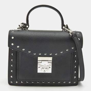 Pre Owned MCM Black Leather Small Studded Tracy Top Handle Bag