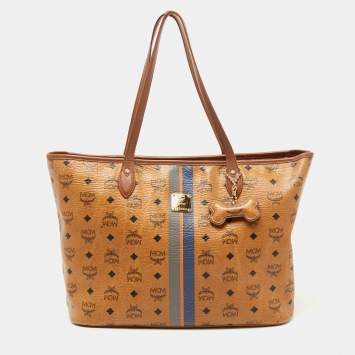 Pre Owned MCM Tan Visetos Coated Canvas Striped Shopper Tote