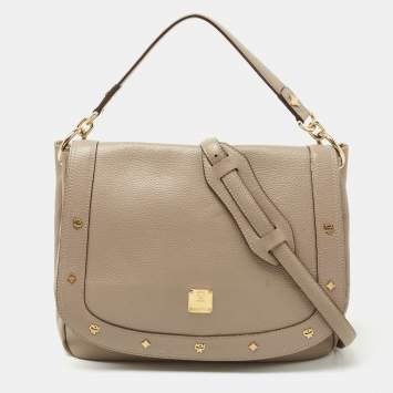 Pre Owned MCM Beige Leather Studded Flap Hobo