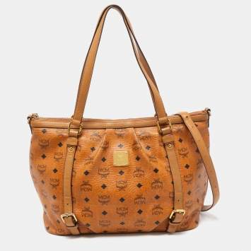 Pre Owned MCM Brown Visetos Coated Canvas and Leather Zip Tote