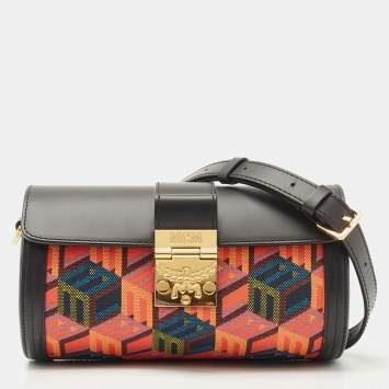 Pre Owned MCM Black Cubic Monogram Jacquard and Leather Small Tracy Crossbody Bag 