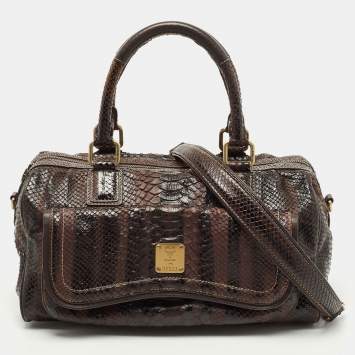 Pre Owned MCM Dark Brown Python Embossed Leather Front Pocket Satchel