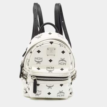 Pre Owned MCM White/Black Visetos Coated Canvas And Leather Mini Stark-Bebe Boo Backpack