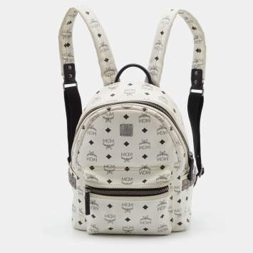 Pre Owned MCM White Visetos Coated Canvas Small Studs Stark Backpack