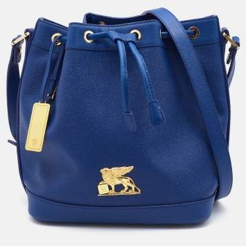 Pre Owned MCM Blue Leather RGB Story Drawstring Bucket Bag