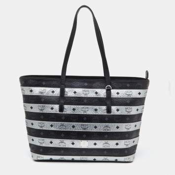 Pre Owned MCM Black/Silver Visetos Coated Canvas and Leather Shopper Tote