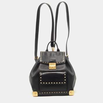 Pre Owned MCM Black Coated Canvas and Leather Studded Drawstring Backpack