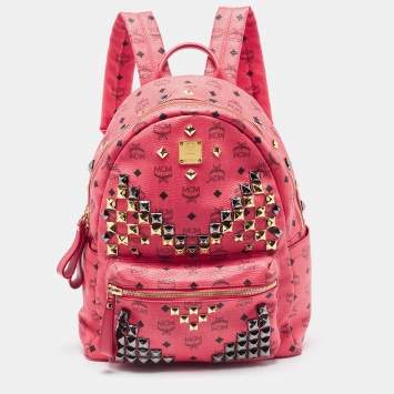 Pre Owned MCM Pink Visetos Coated Canvas and Leather Studs Backpack