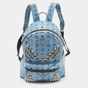 Pre Owned MCM Light Blue Visetos Coated Canvas and Leather Studs Backpack