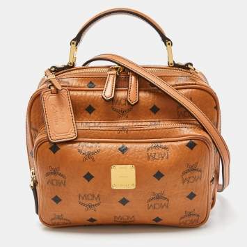 Pre Owned MCM Cognac Visetos Coated Canvas and Leather Top Handle Bag