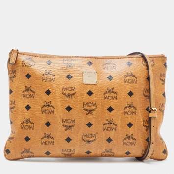 Pre Owned MCM Cognac Visetos Coated Canvas Zip Top Strap Pouch