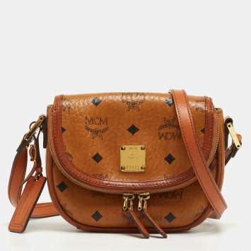 Pre Owned MCM Cognac Visetos Coated Canvas and Leather Flap Crossbody Bag