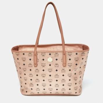 Pre Owned MCM Metallic Rose Gold Visetos Coated Canvas and Leather Shopper Tote