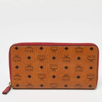 Pre Owned MCM Black/Cognac Visetos Coated Canvas Zip Around Wallet
