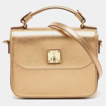 Pre Owned MCM Bronze Leather Turnlock Flap Top Handle Bag