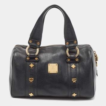 Pre Owned MCM Black Leather Vintage Studded Logo Motifs Boston Bag
