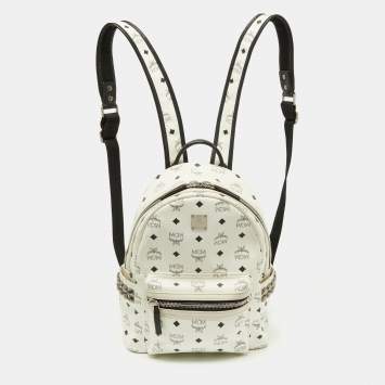 Pre Owned MCM White/Black Visetos Coated Canvas Small Studs Stark Backpack
