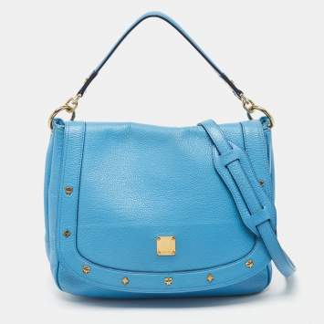 Pre Owned MCM Blue Leather Studded Flap Hobo
