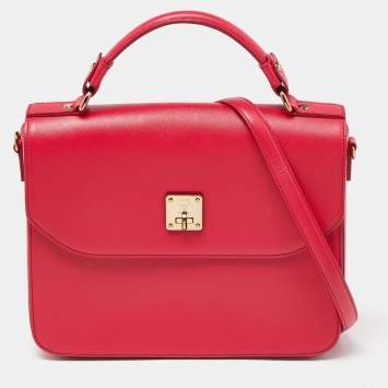 Pre Owned MCM Red Leather Turnlock Flap Top Handle Bag