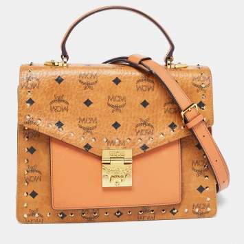 Pre Owned MCM Cognac Visetos Coated Canvas and Leather Medium Tracy Satchel