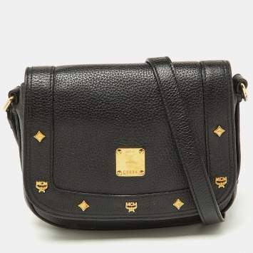 Pre Owned MCM Black Leather Studded Flap Crossbody Bag