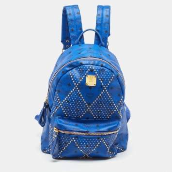 Pre Owned MCM Blue Visetos Leather Large Studded Stark Backpack