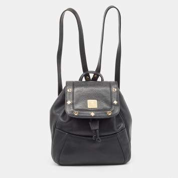 Pre Owned MCM Black Leather Studded Flap Backpack
