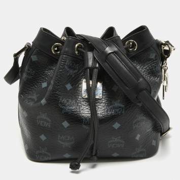 Pre Owned MCM Black Visetos Coated Canvas and Leather Drawstring Bucket Bag