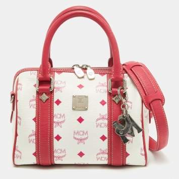 Pre Owned MCM Pink/White Visetos Coated Canvas and Leather Charm Boston Bag