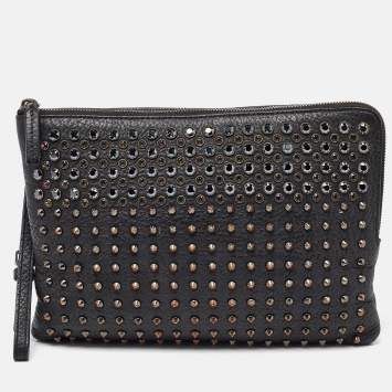 Pre Owned MCM Black Leather Embellished Zip Wristlet Pouch