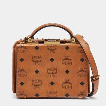 Pre Owned MCM Cognac Visetos Coated Canvas and Leather Berlin Box Bag