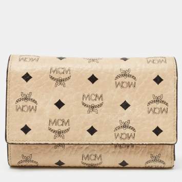 Pre Owned MCM Beige/Peach Visetos Coated Canvas and Leather  Trifold Wallet