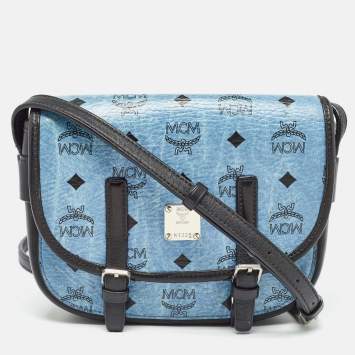 Pre Owned MCM Blue/Black Visetos Coated Canvas and Leather Crossbody Bag