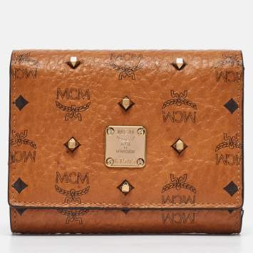 Pre Owned MCM Cognac Visetos Coated Canvas Studded Trifold Wallet