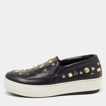 Pre Owned McQ by Alexander McQueen Black Leather Embellished Slip On Sneakers Size 36