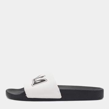 Pre Owned McQ by Alexander McQueen White Faux Leather Logo Pool Slides Size 40
