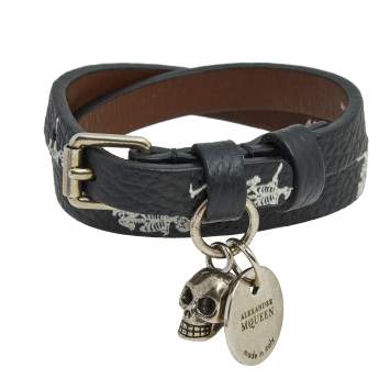 Pre Owned Alexander McQueen Skull Print Silver Tone Metal Double Bracelet