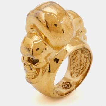 Pre Owned McQ by Alexander McQueen Gold Tone Multi Skull Ring Size 50