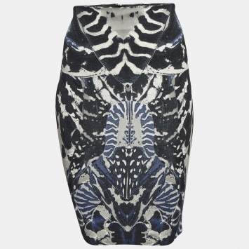 McQ by Alexander McQueen Blue Beetle Print Crepe Pencil Skirt XS