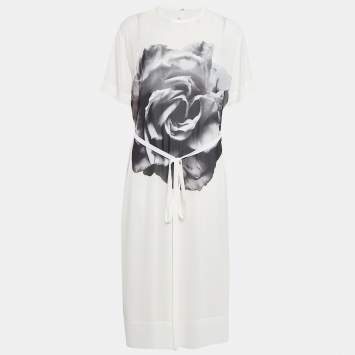 Pre Owned McQ by Alexander McQueen White Rose Print Chiffon Midi Dress S