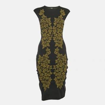 Pre Owned McQ by Alexander McQueen Black Leaf Intarsia Stretch Knit Bodycon Dress M