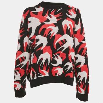 McQ by Alexander McQueen Red & Black Swallow Jacquard Knit Oversized Sweater L