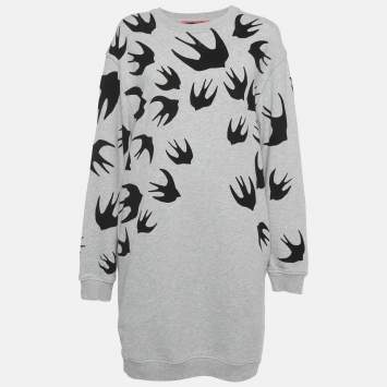 Pre Owned McQ by Alexander McQueen Grey Flocked Swallow Jersey Sweat Dress L