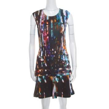 Pre Owned McQ by Alexander McQueen Blurry Lights Printed Jersey Sleeveless Peplum Dress S 