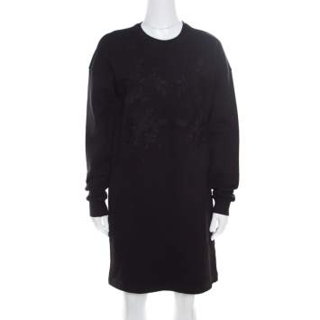 Pre Owned McQ by Alexander McQueen Black Cotton Stretch Rose Tonal Embroidered Sweater Dress XS